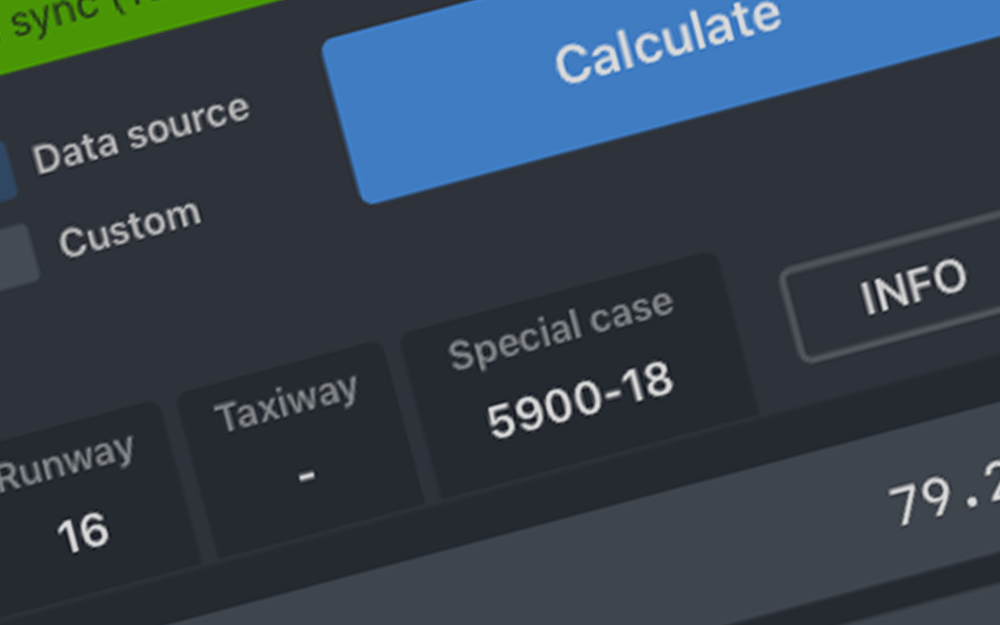 mBriefing Performance Calculator, night mode, 30% collapsed inputs and results